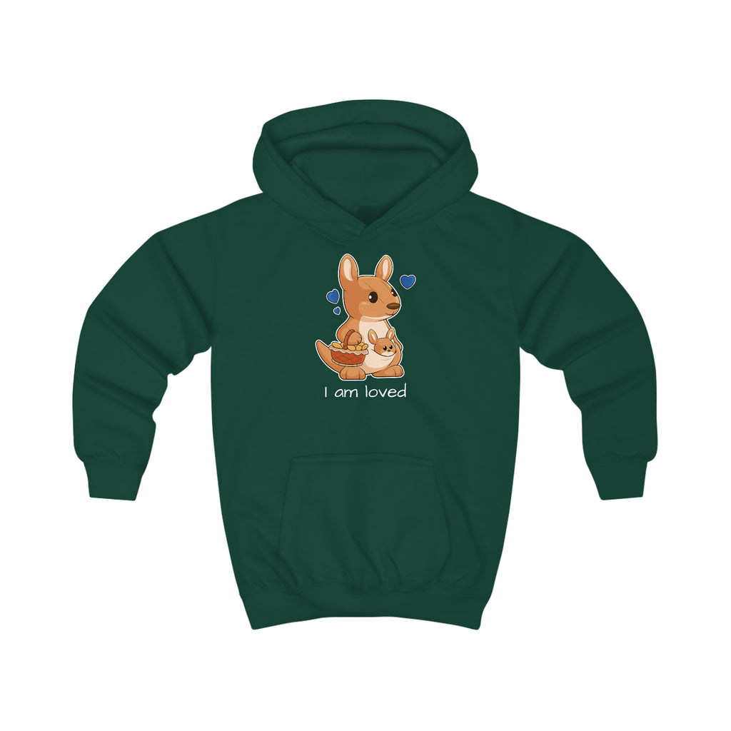 A dark green hoodie with a picture of a kangaroo that says I am loved.