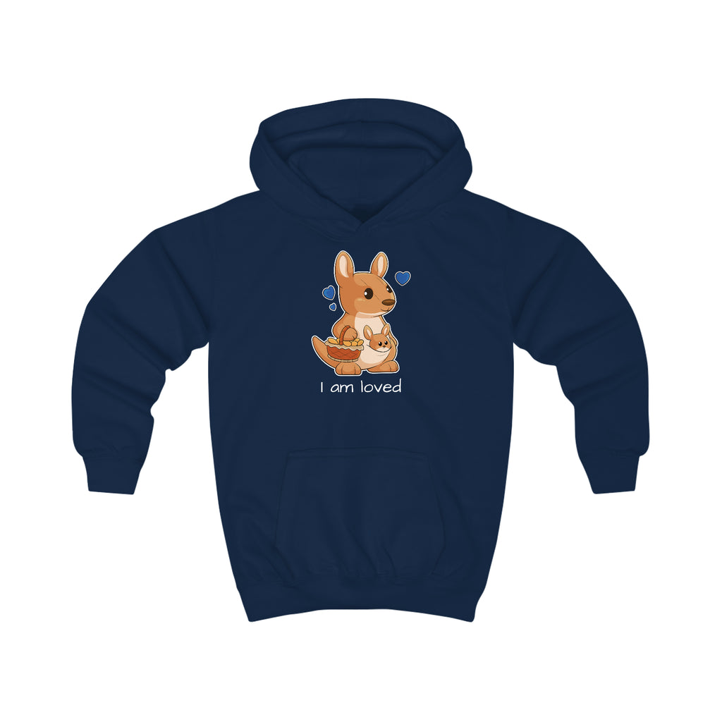 A navy blue hoodie with a picture of a kangaroo that says I am loved.