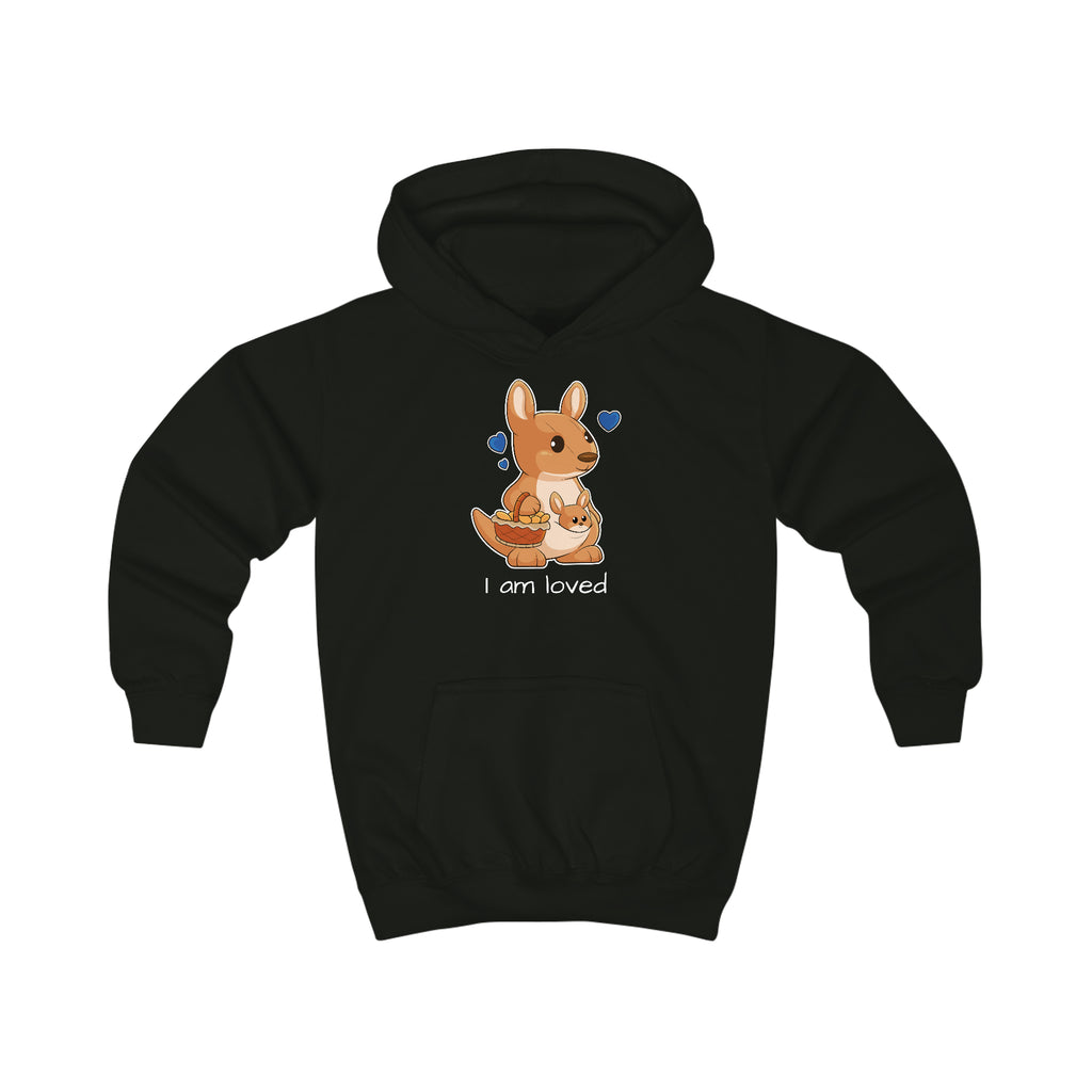 A black hoodie with a picture of a kangaroo that says I am loved.