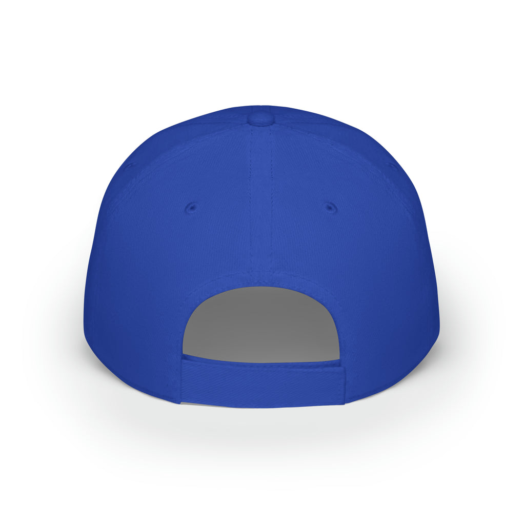 Back-view of a royal blue baseball hat with a velcro strap.