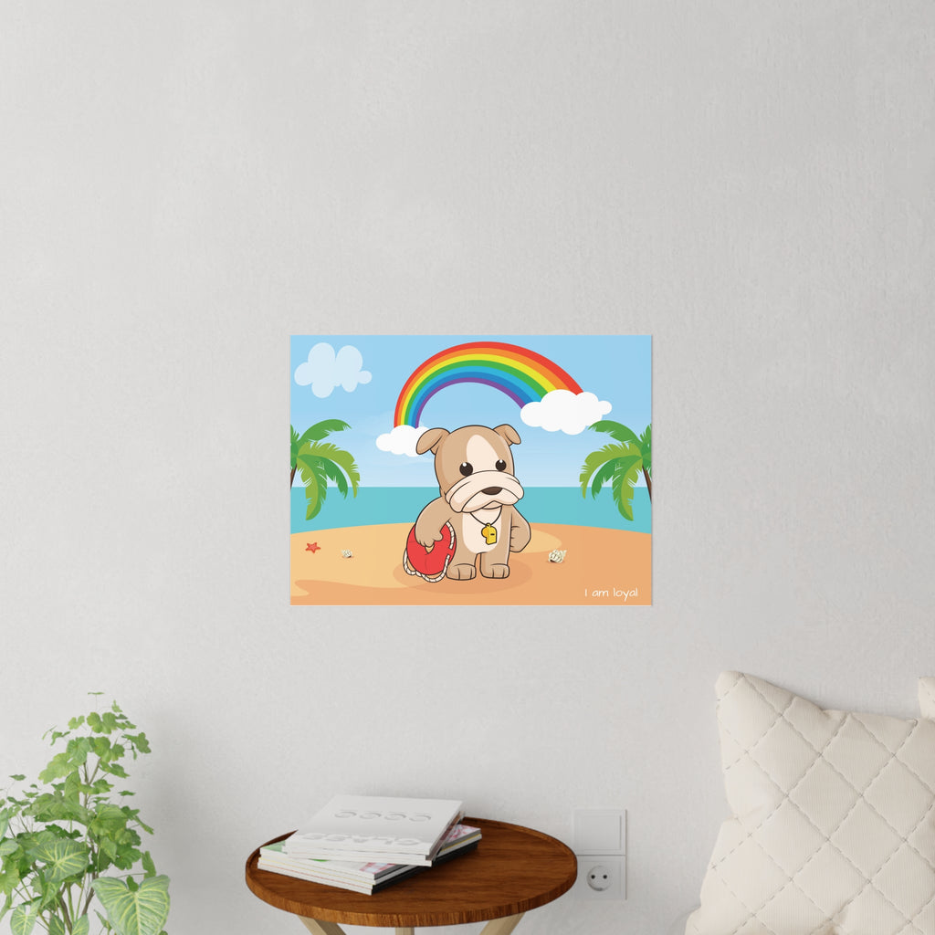 A 24 by 18 inch wall decal on a grey wall above a table and couch. The wall decal has a scene of a dog lifeguard standing on a beach, a rainbow in the background, and the phrase "I am loyal" along the bottom.