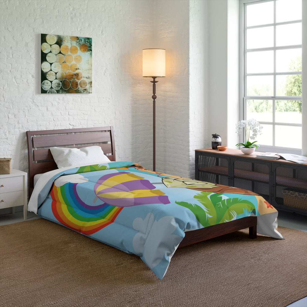 A 68 by 88 inch bed comforter with a scene of a turtle reading a book under an umbrella on a beach, a rainbow in the background, and the phrase "I am smart" along the bottom. The comforter covers a twin-sized bed.