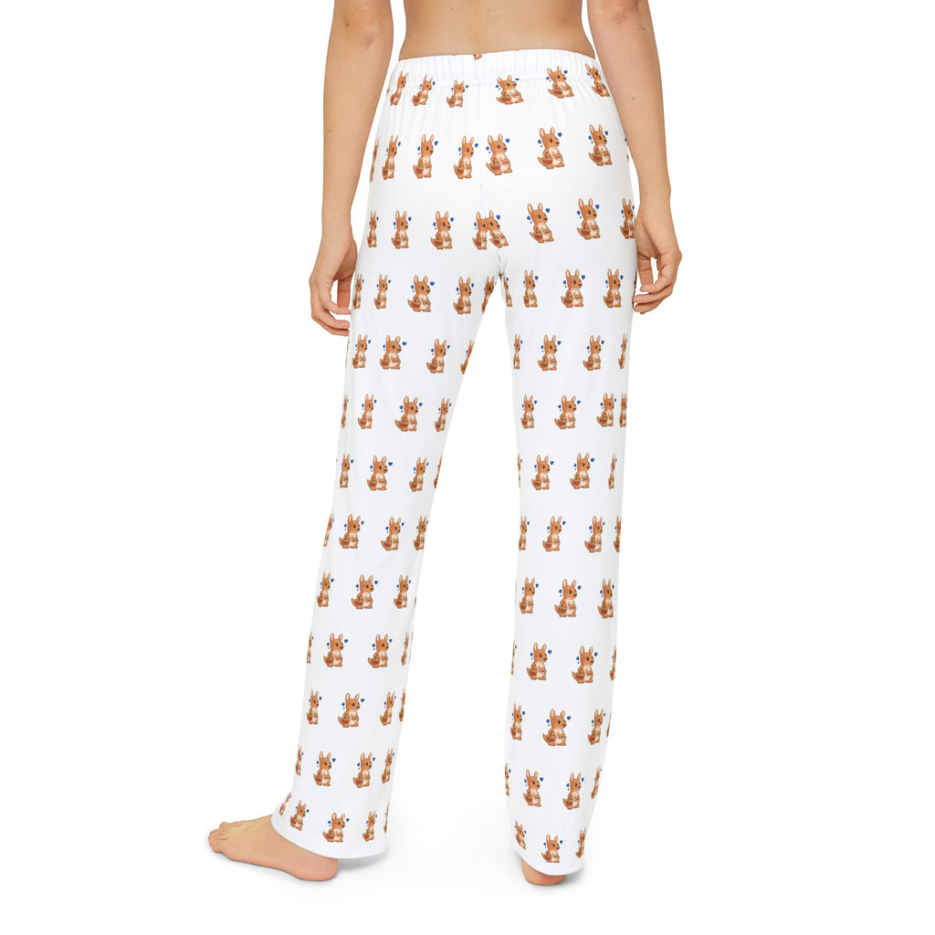 Back-view of a kid wearing white pajama pants with a repeated pattern of a kangaroo.