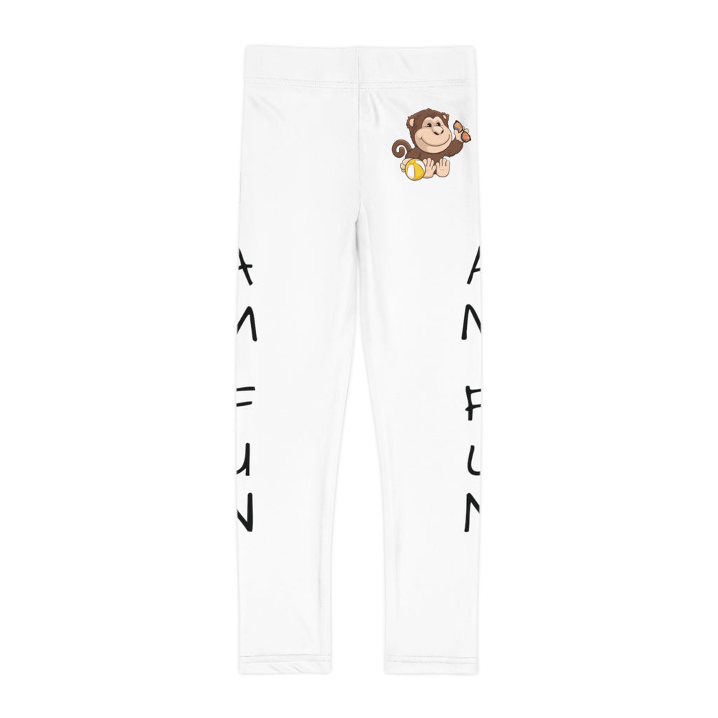 White leggings with a picture of a monkey on the front left waist and the phrase "I am fun" read top to bottom on the side of each leg.