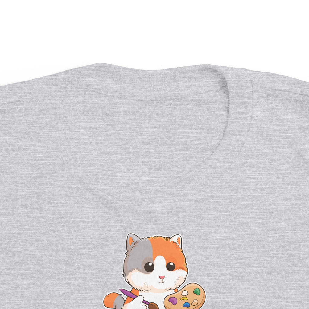 A close-up of the crew neckline of a short-sleeve heather grey shirt with a picture of a cat that says Cool Cat.
