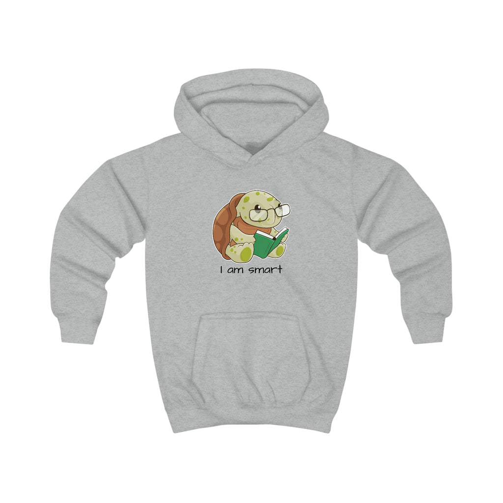 A heather grey hoodie with a picture of a turtle that says I am smart.