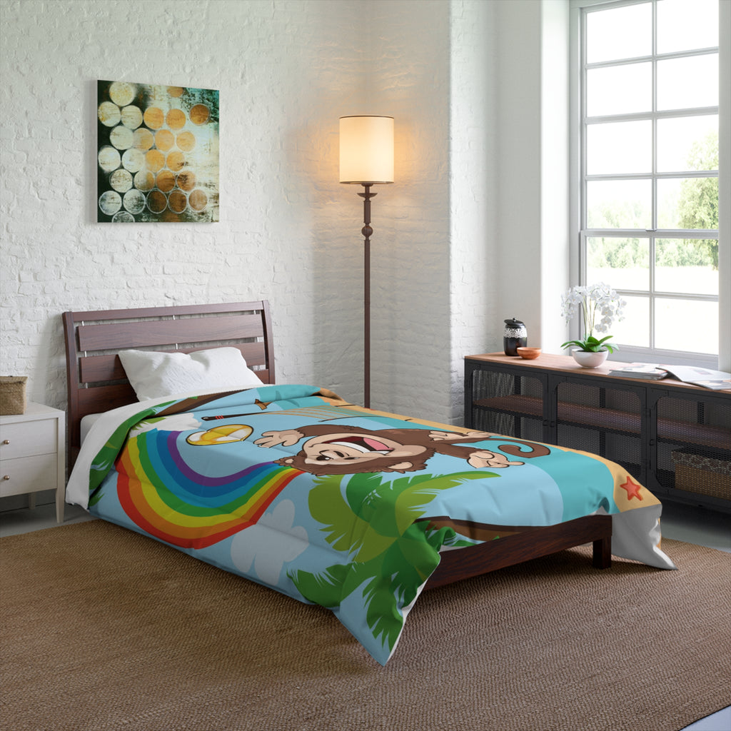 A 68 by 88 inch bed comforter with a scene of a monkey playing volleyball on a beach, a rainbow in the background, and the phrase "I am fun" along the bottom. The comforter covers a twin-sized bed.