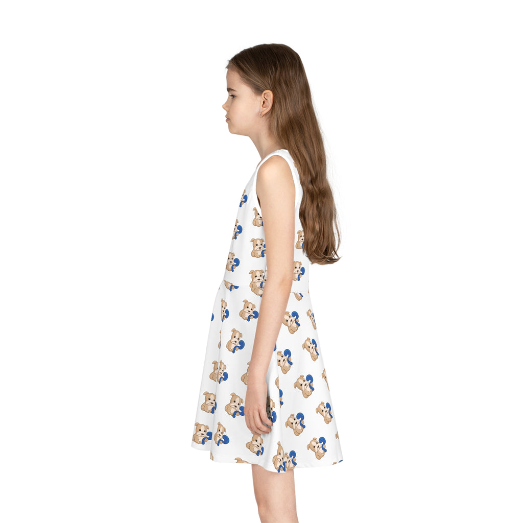 Left side-view of a girl wearing a sleeveless white dress with a repeating pattern of a dog.