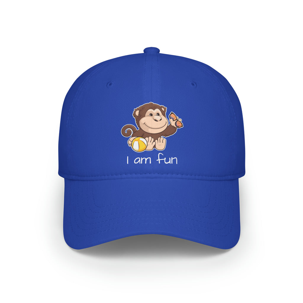 Front-view of a royal blue baseball hat with a picture of a monkey that says I am fun.