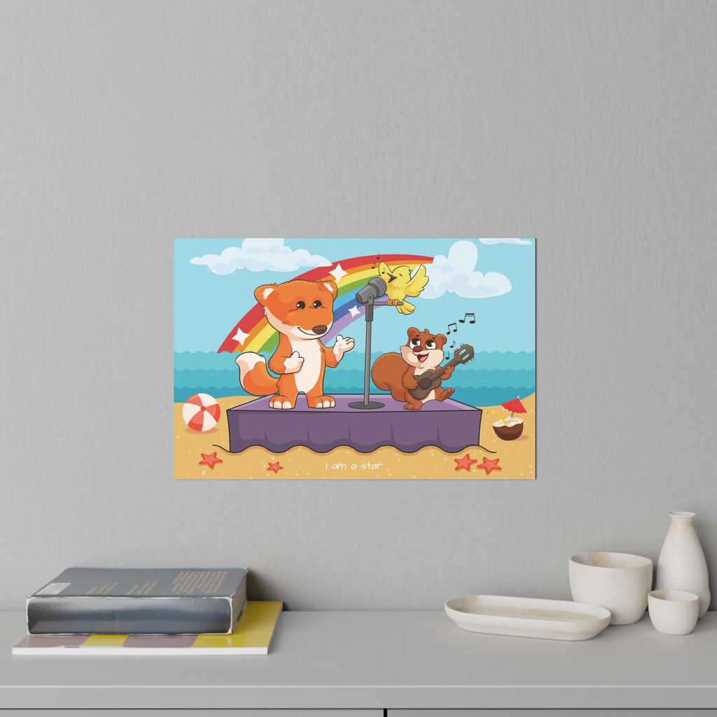 A 36 by 24 inch wall decal on a grey wall above a dresser and books. The wall decal has a scene of a fox singing with a squirrel and bird on a stage on the beach, a rainbow in the background, and the phrase "I am a star" along the bottom.
