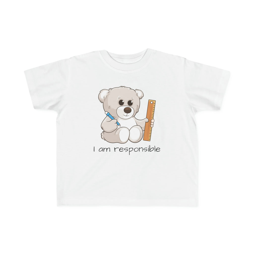 A short-sleeve white shirt with a picture of a bear that says I am responsible.