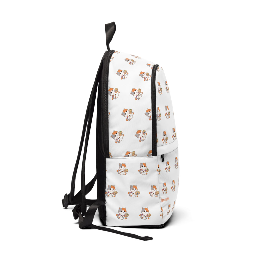 Side-view of a backpack with a repeating pattern of a cat and the phrase "I am creative" in the bottom left corner of the front.