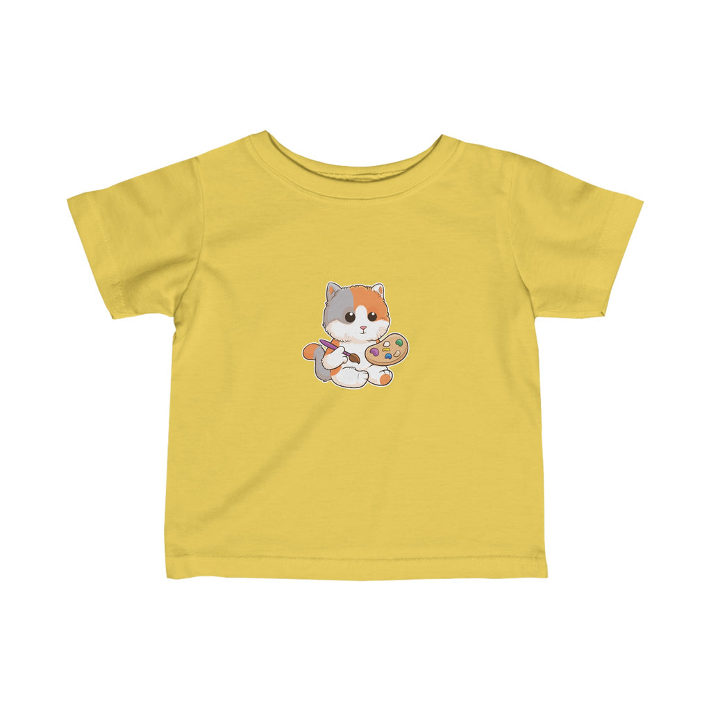 A short-sleeve yellow shirt with a picture of a cat.