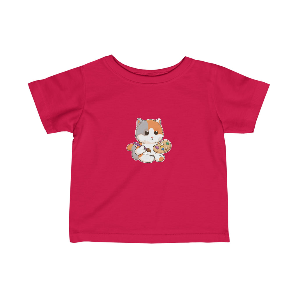 A short-sleeve red shirt with a picture of a cat.