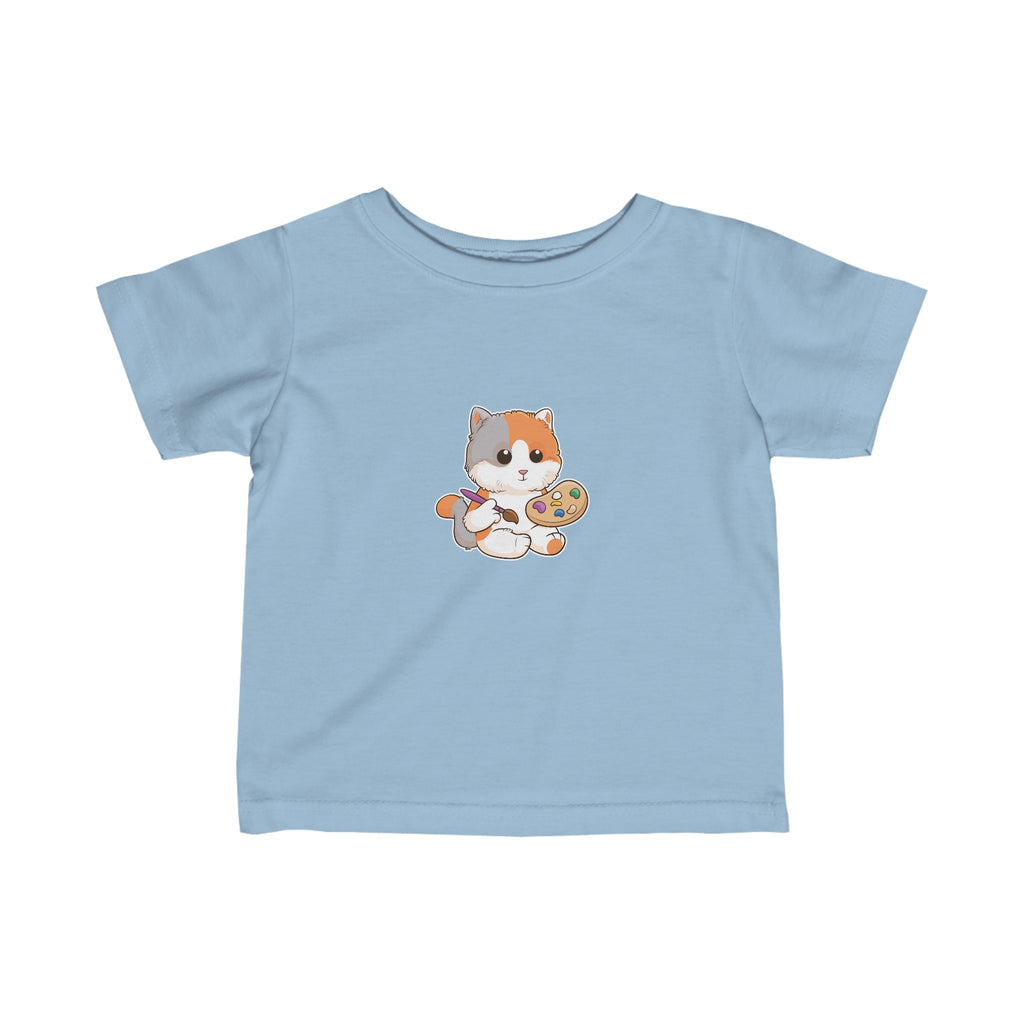 A short-sleeve light blue shirt with a picture of a cat.