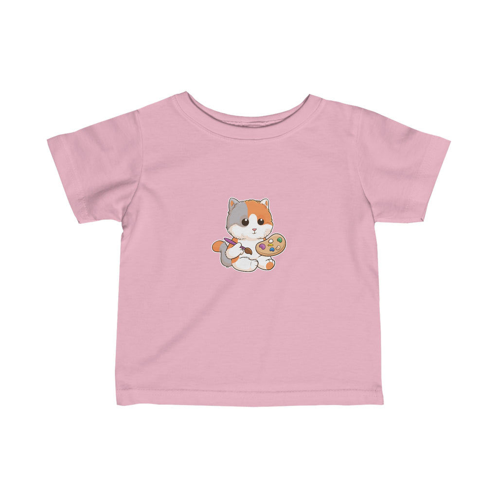 A short-sleeve light pink shirt with a picture of a cat.