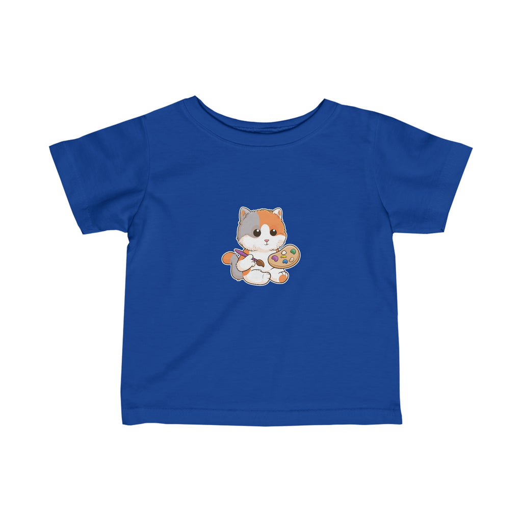 A short-sleeve royal blue shirt with a picture of a cat.