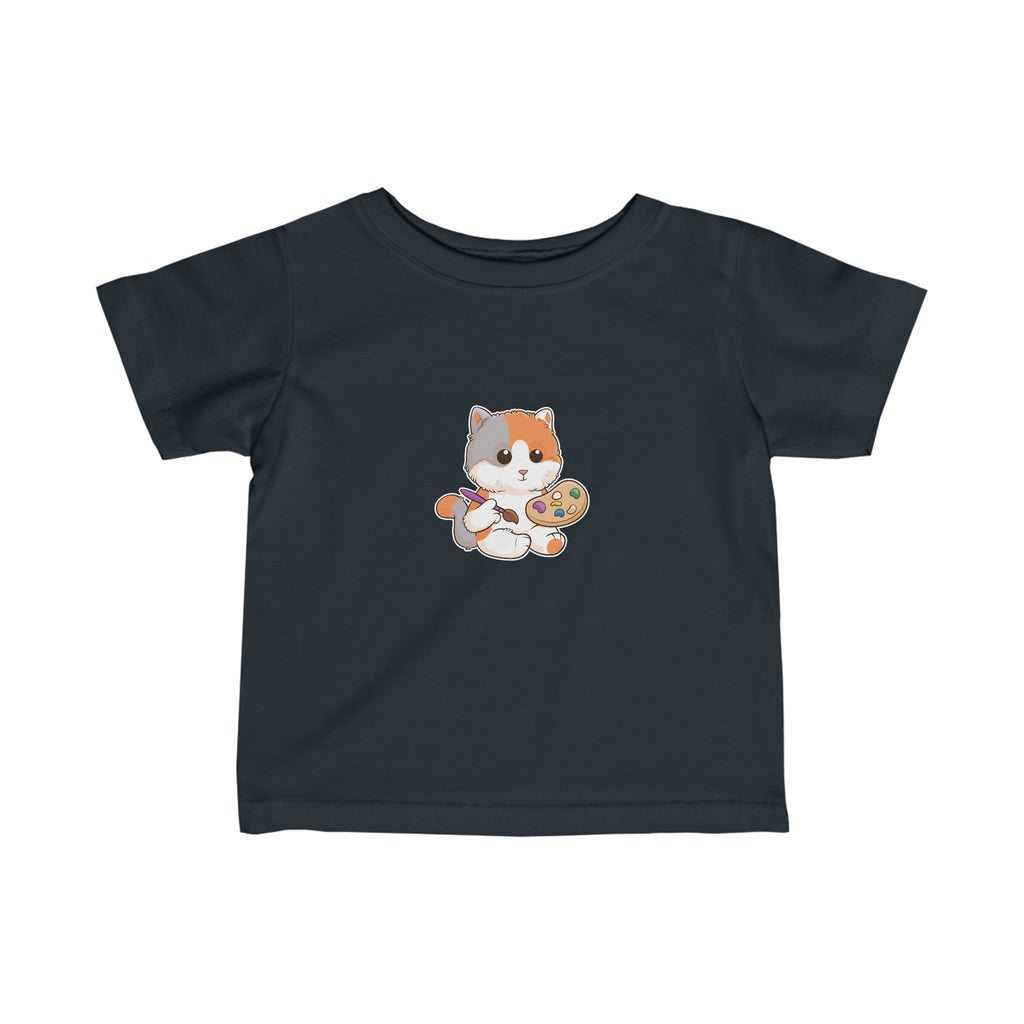 A short-sleeve black shirt with a picture of a cat.