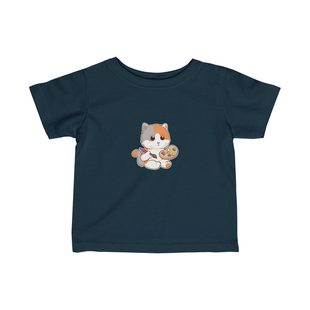 A short-sleeve navy blue shirt with a picture of a cat.