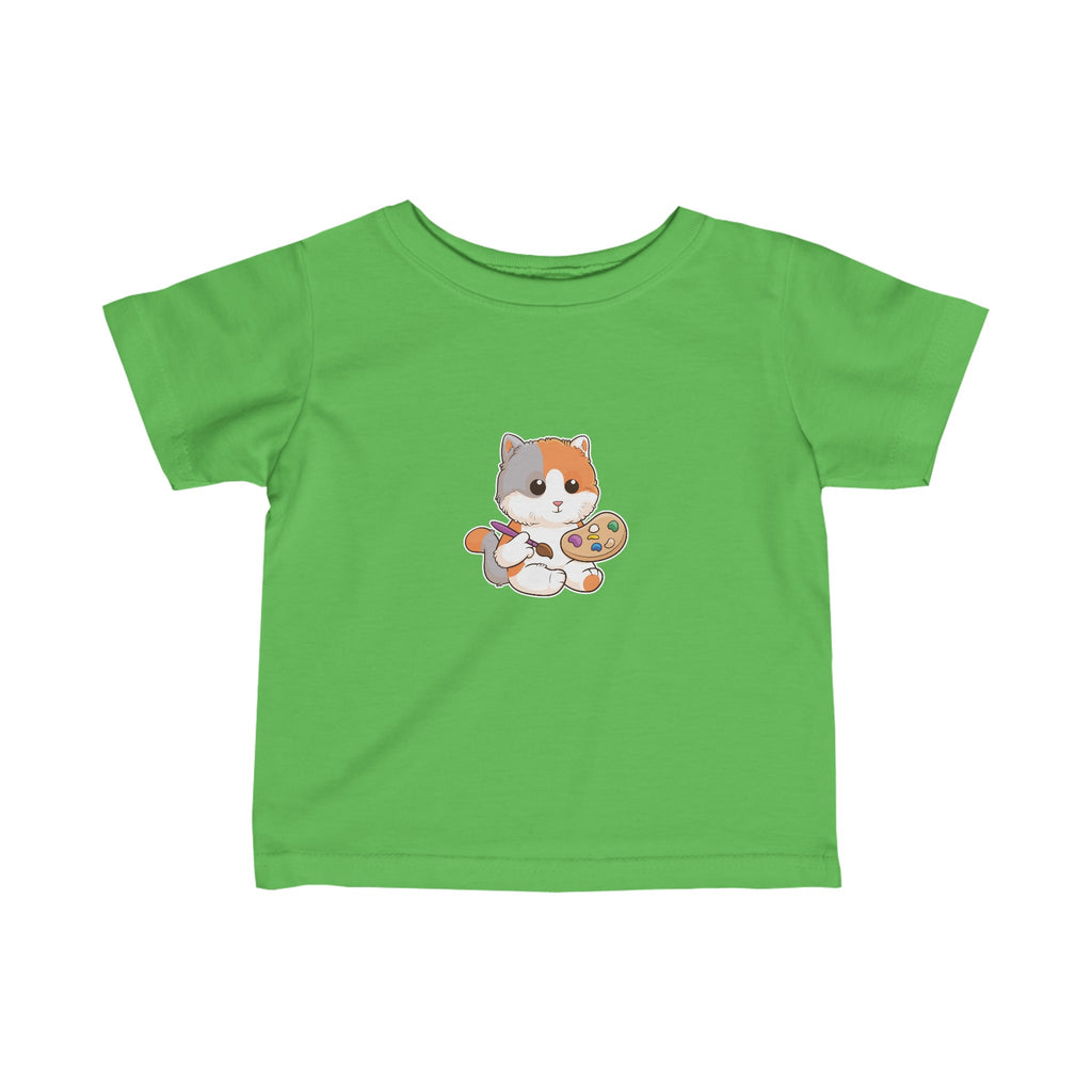 A short-sleeve green shirt with a picture of a cat.