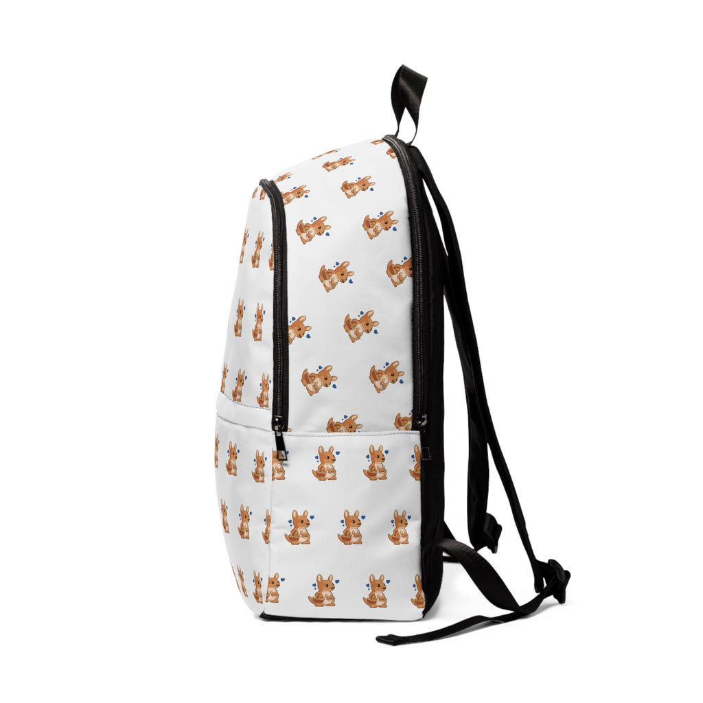 Other side-view of a backpack with a repeating pattern of a kangaroo.