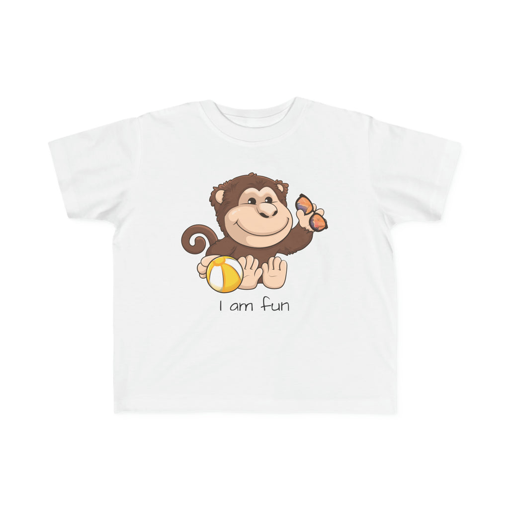 A short-sleeve white shirt with a picture of a monkey that says I am fun.