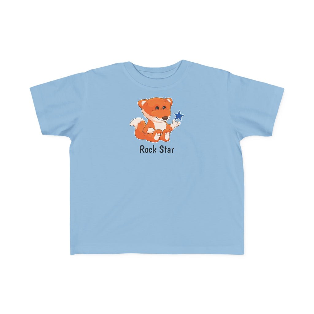 A short-sleeve light blue shirt with a picture of a fox that says Rock Star.