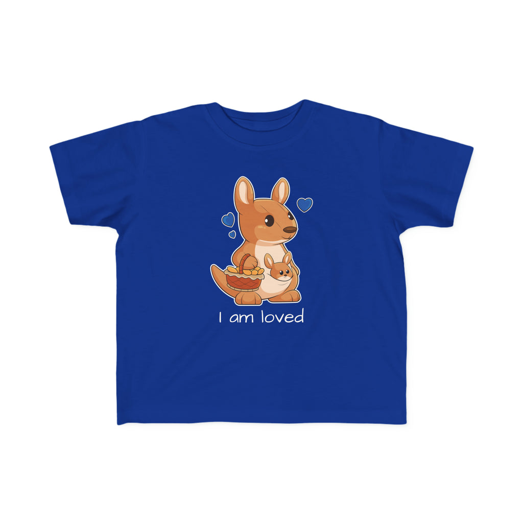 A short-sleeve royal blue shirt with a picture of a kangaroo that says I am loved.