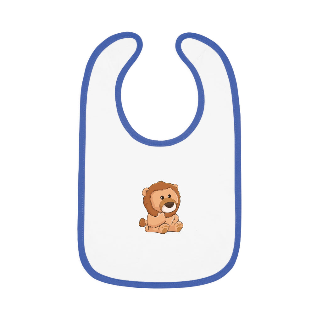 A white baby bib with royal blue trim and a small picture of a lion.