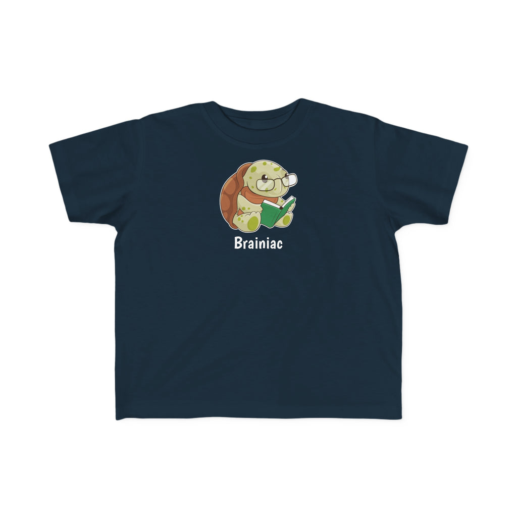 A short-sleeve navy blue shirt with a picture of a turtle that says Brainiac.