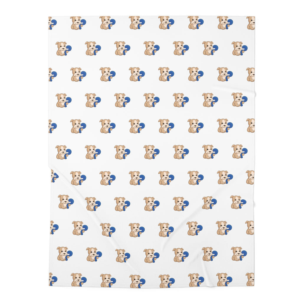 A white swaddle blanket with a repeating pattern of a dog.