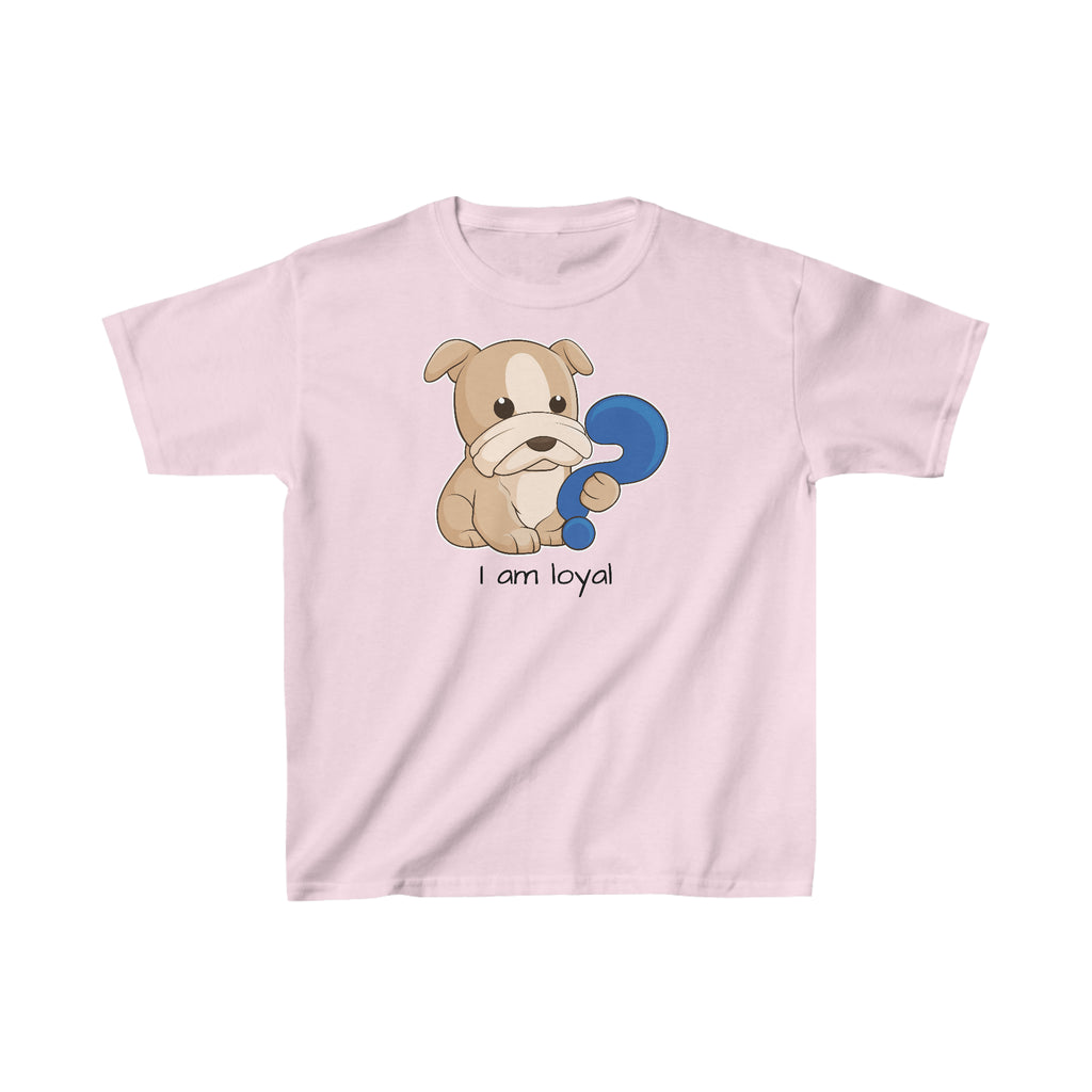 A short-sleeve light pink shirt with a picture of a dog that says I am loyal.