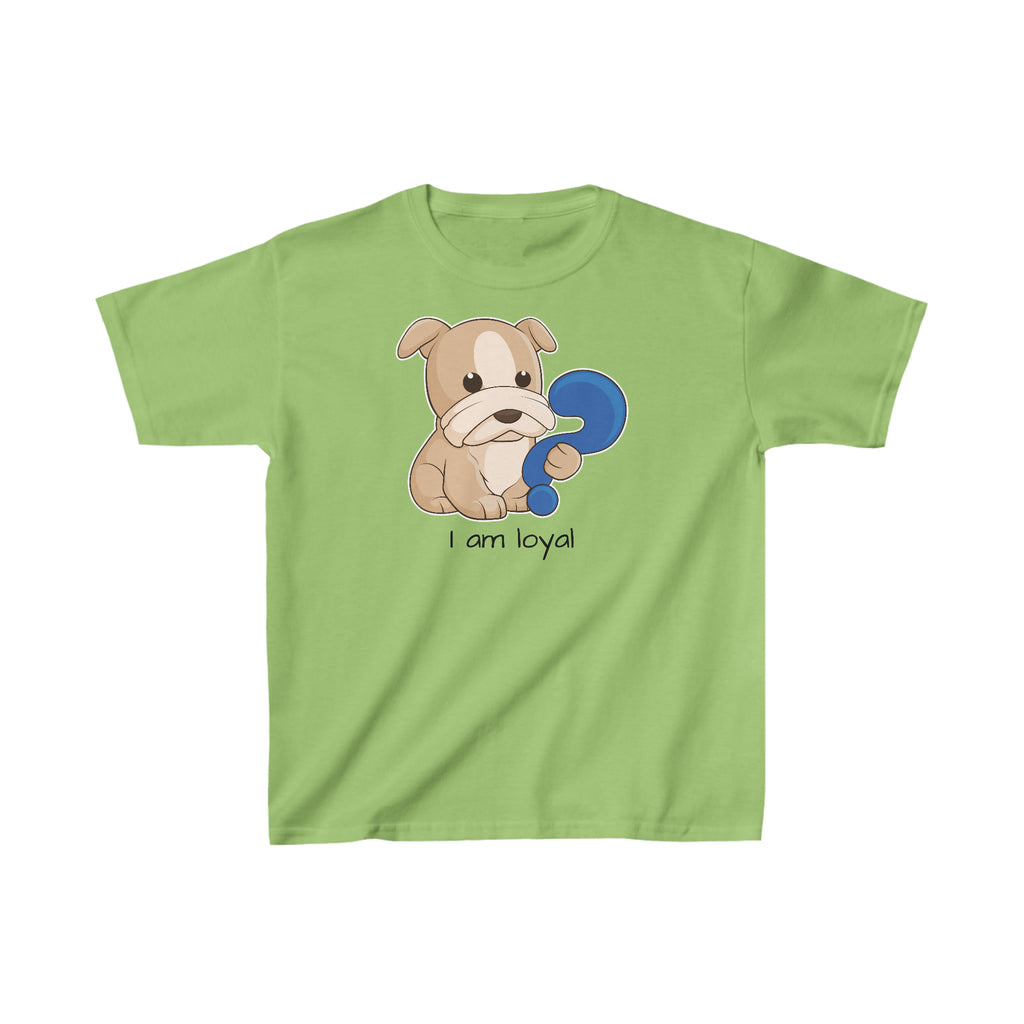 A short-sleeve lime green shirt with a picture of a dog that says I am loyal.