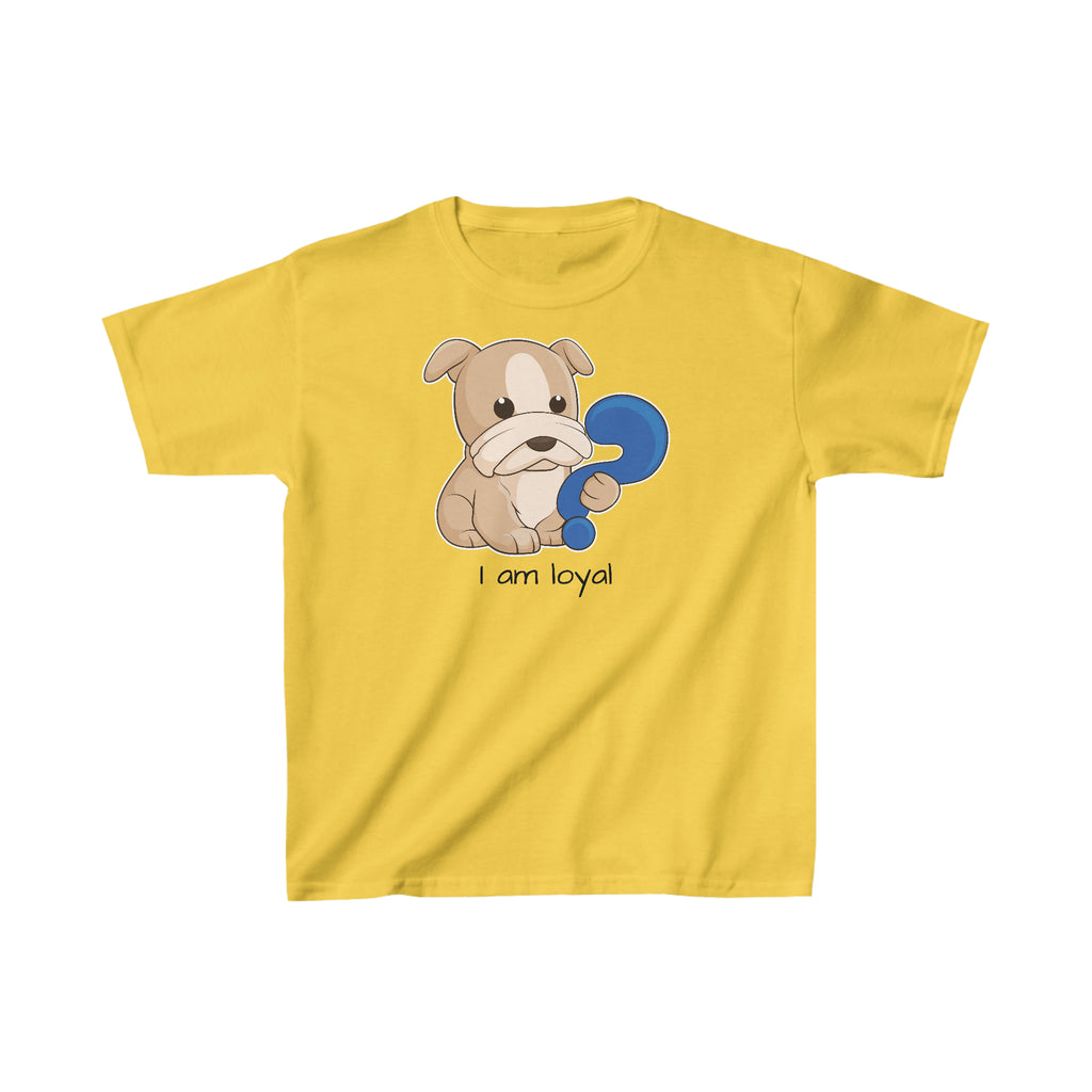A short-sleeve yellow shirt with a picture of a dog that says I am loyal.