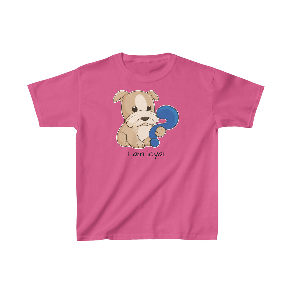 A short-sleeve pink shirt with a picture of a dog that says I am loyal.