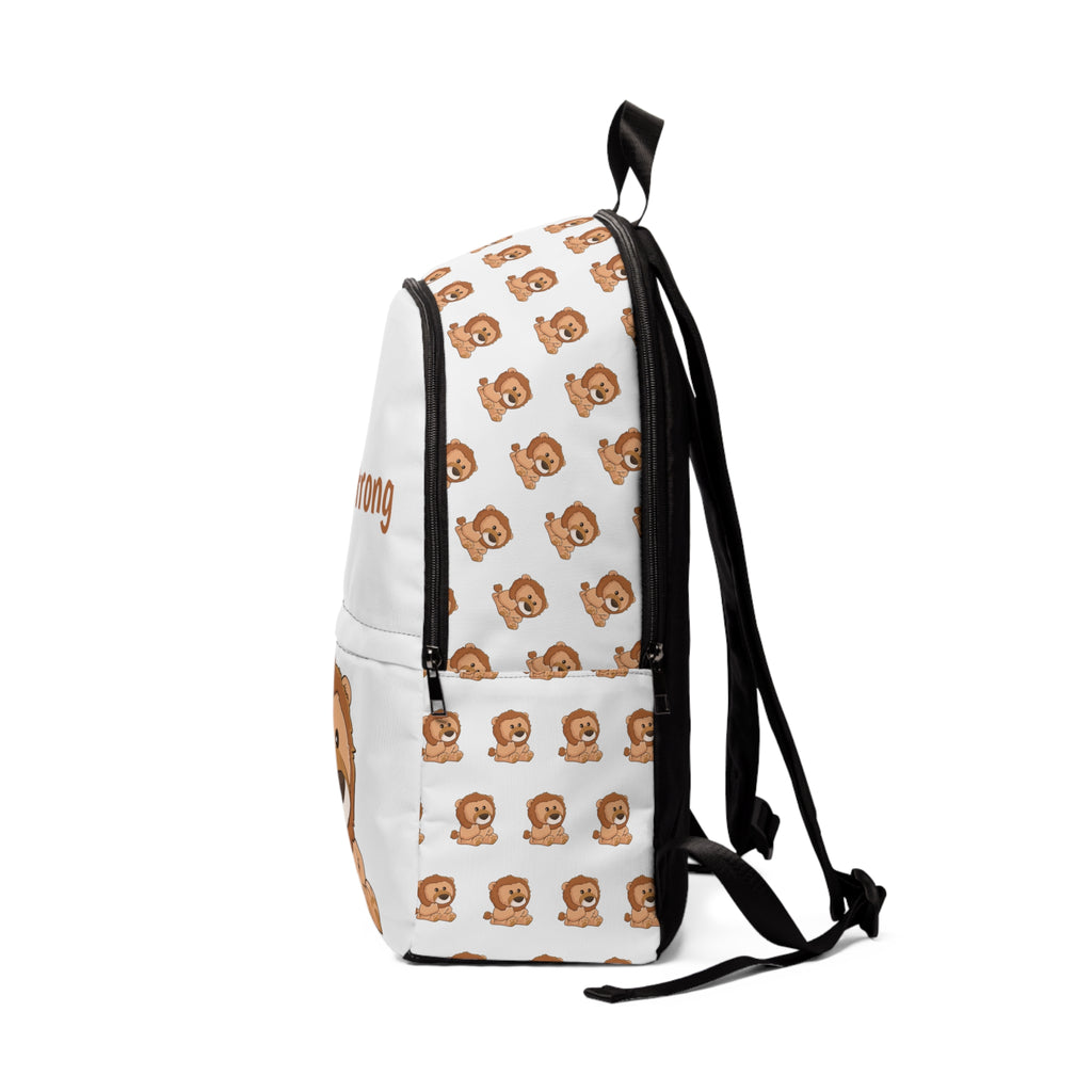 Side-view of a white backpack with a repeating pattern of a lion on the sides. The bottom half of the front features a large lion and the top half says "I am strong".