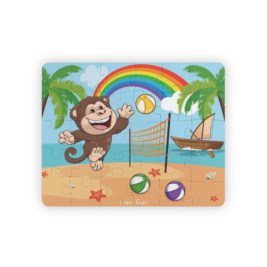 A 30 piece puzzle with a scene of a monkey playing volleyball on a beach, a rainbow in the background, and the phrase "I am fun" along the bottom.