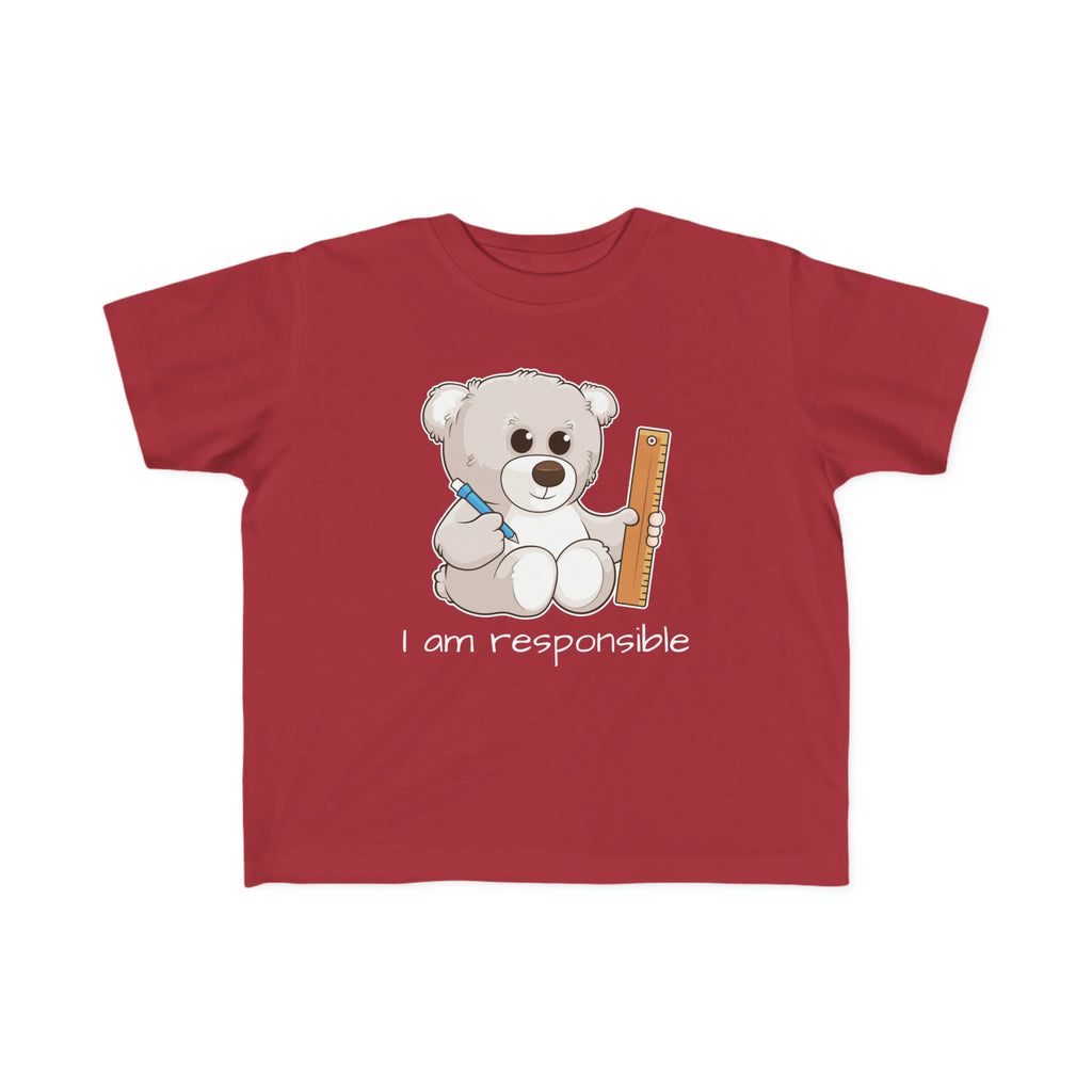 A short-sleeve garnet red shirt with a picture of a bear that says I am responsible.