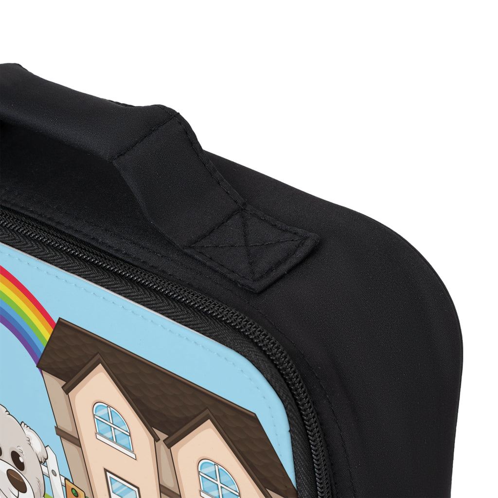 A close-up of a corner of the lunch bag, showing the black lining, handle, and zipper.