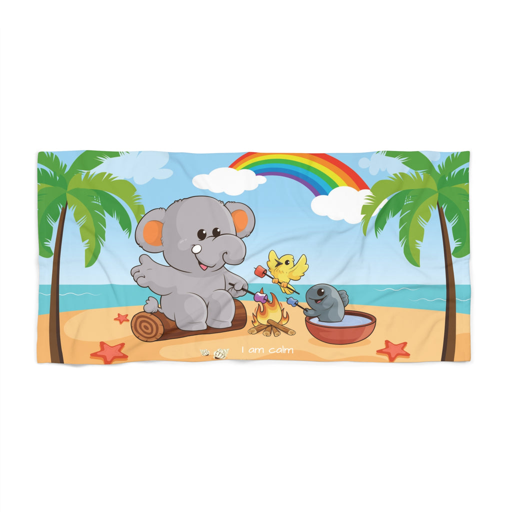 A 36 by 72 inch beach towel with a scene of an elephant having a bonfire with a bird and fish on the beach, a rainbow in the background, and the phrase "I am calm" along the bottom.