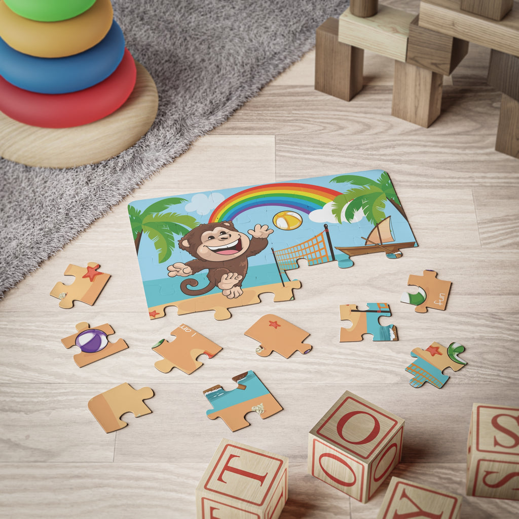 A 30 piece puzzle with a scene of a monkey playing volleyball on a beach, a rainbow in the background, and the phrase "I am fun" along the bottom. The puzzle is partially assembled on the floor of a child's playroom.