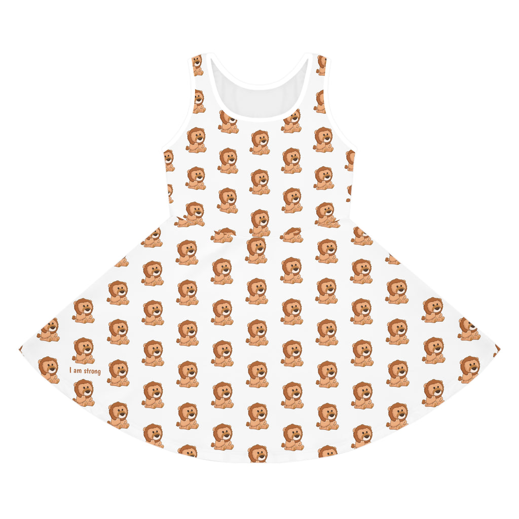 Front-view of a sleeveless white dress with a repeating pattern of a lion.