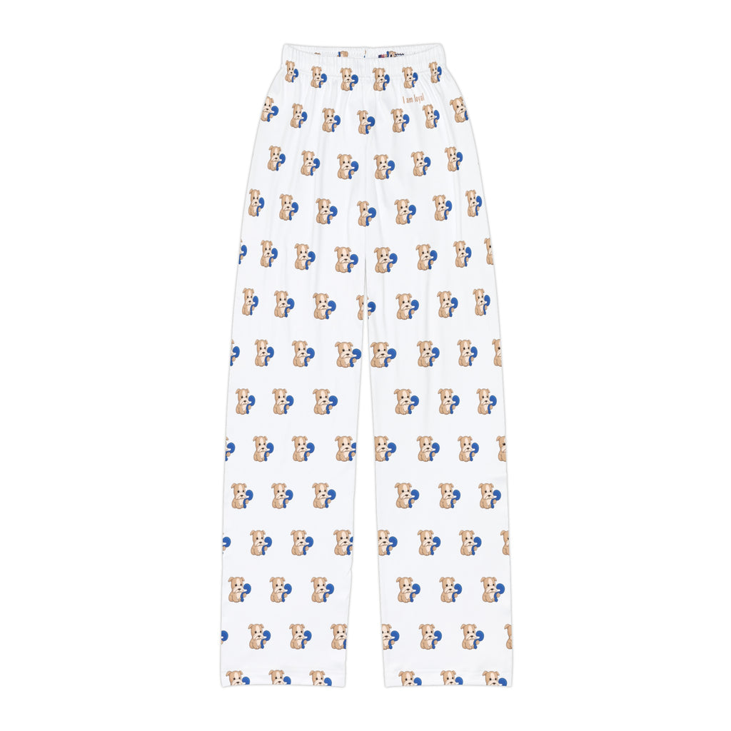 White pajama pants with a repeated pattern of a dog and the phrase “I am loyal” on the front left waist.