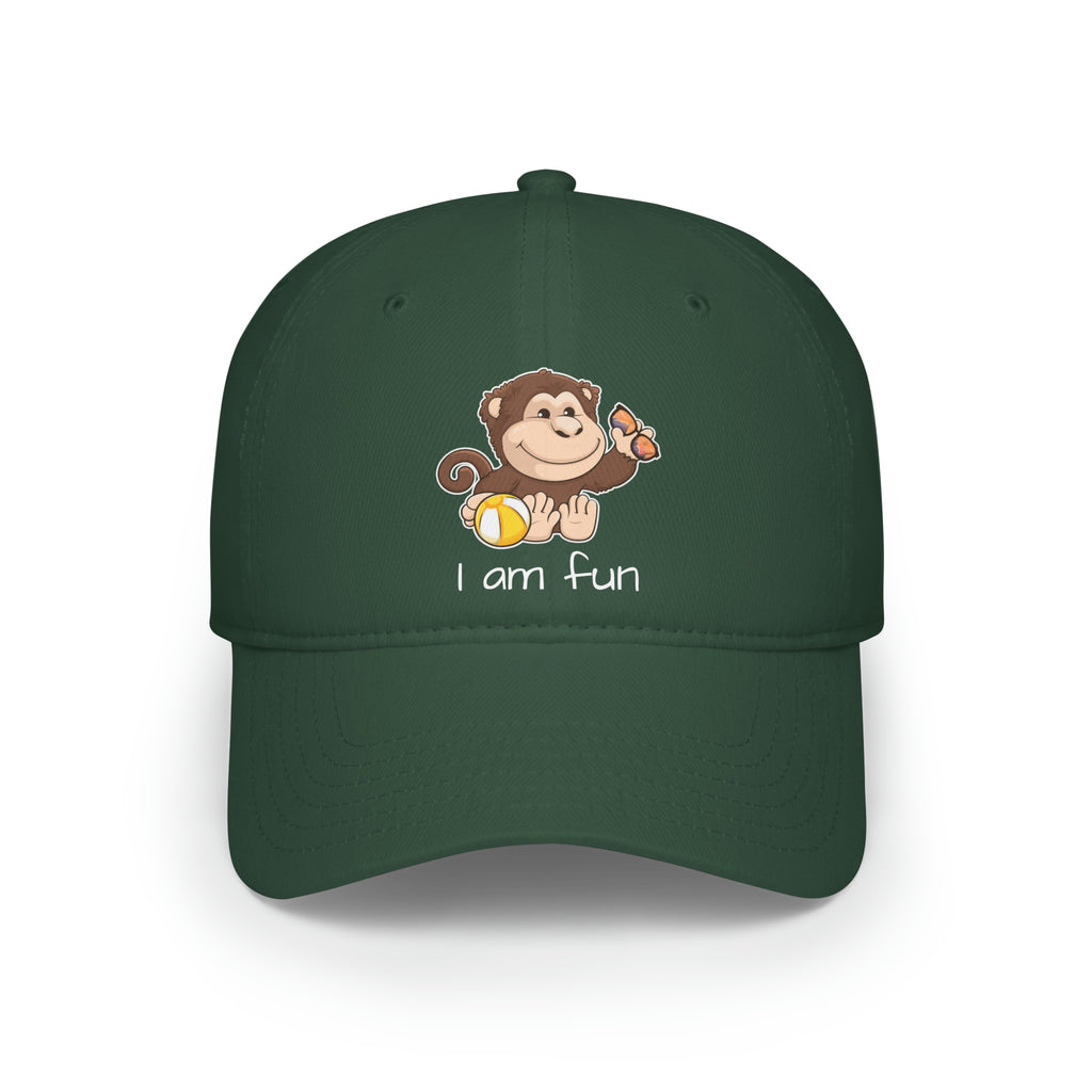 Front-view of a dark green baseball hat with a picture of a monkey that says I am fun.
