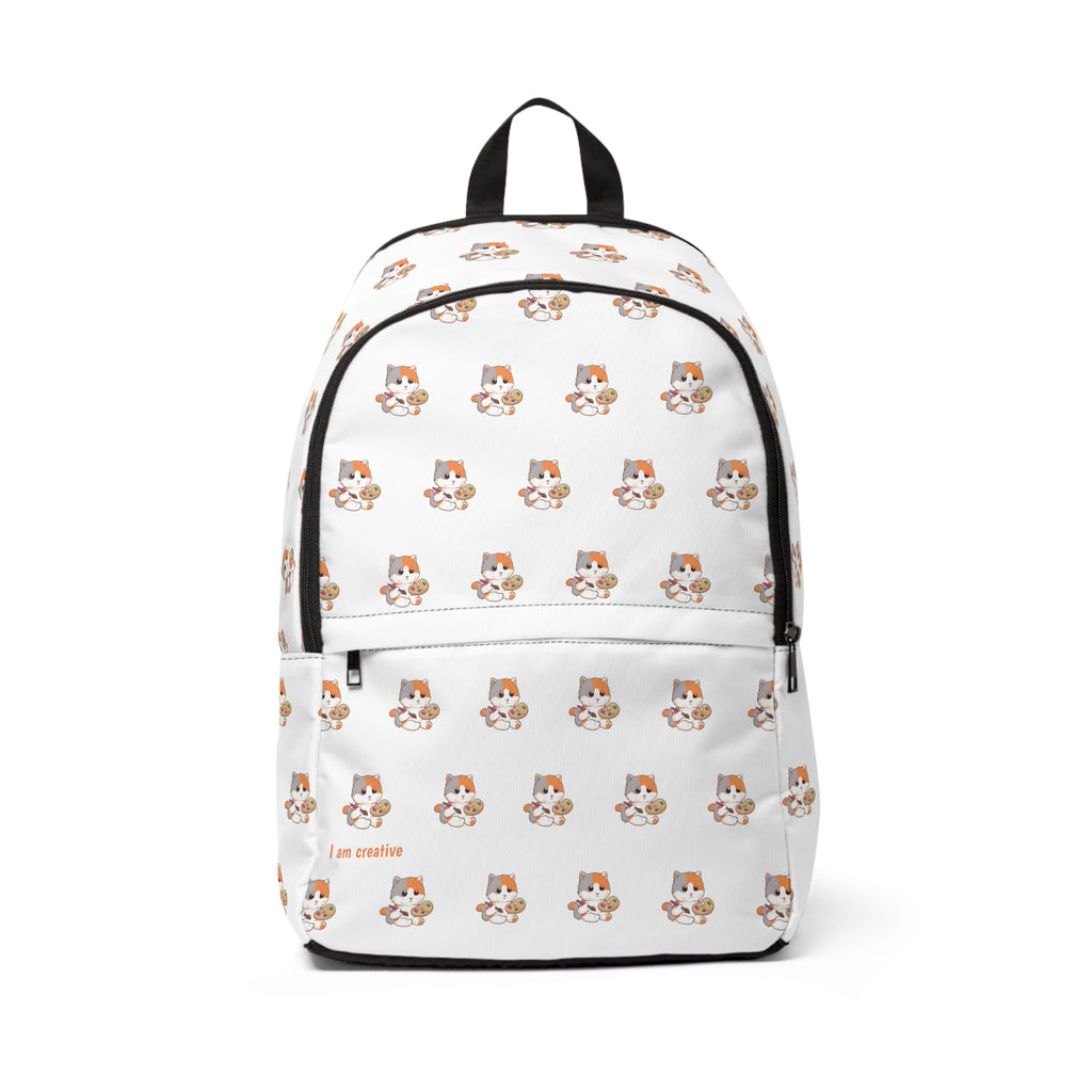 Front-view of a backpack with a repeating pattern of a cat and the phrase "I am creative" in the bottom left corner of the front.