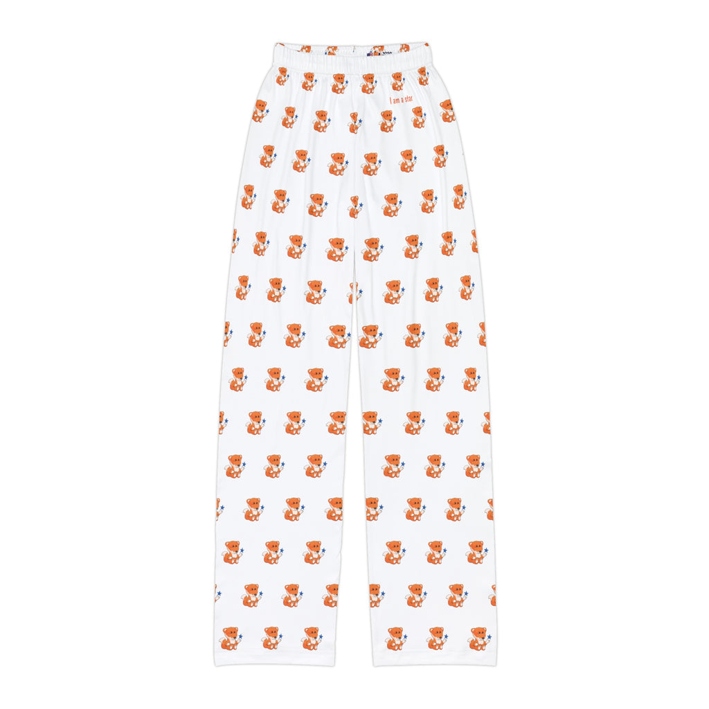 White pajama pants with a repeated pattern of a fox and the phrase “I am a star” on the front left waist.