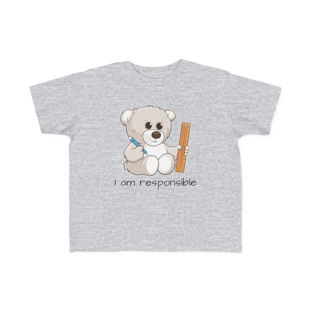 A short-sleeve heather grey shirt with a picture of a bear that says I am responsible.