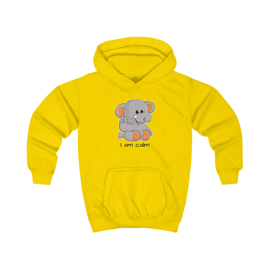 A yellow hoodie with a picture of an elephant that says I am calm.