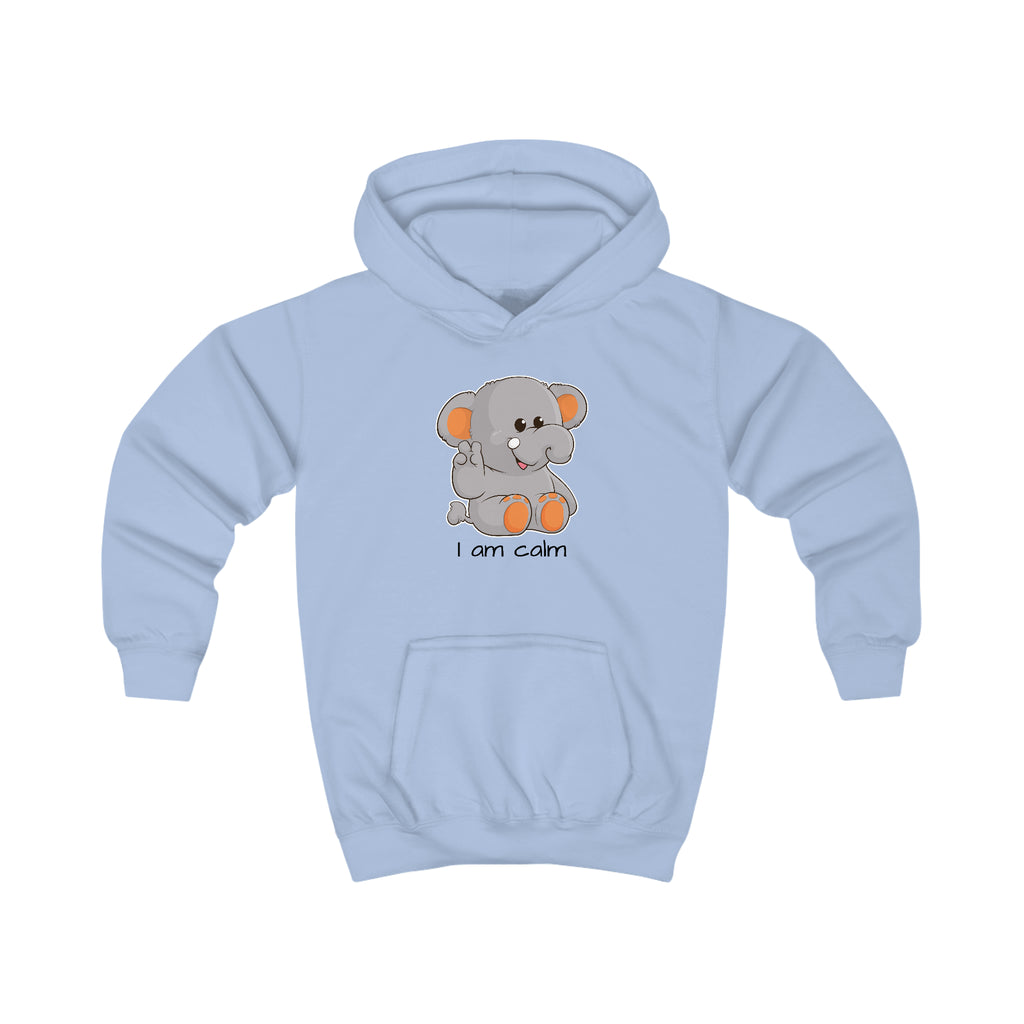 A light blue hoodie with a picture of an elephant that says I am calm.
