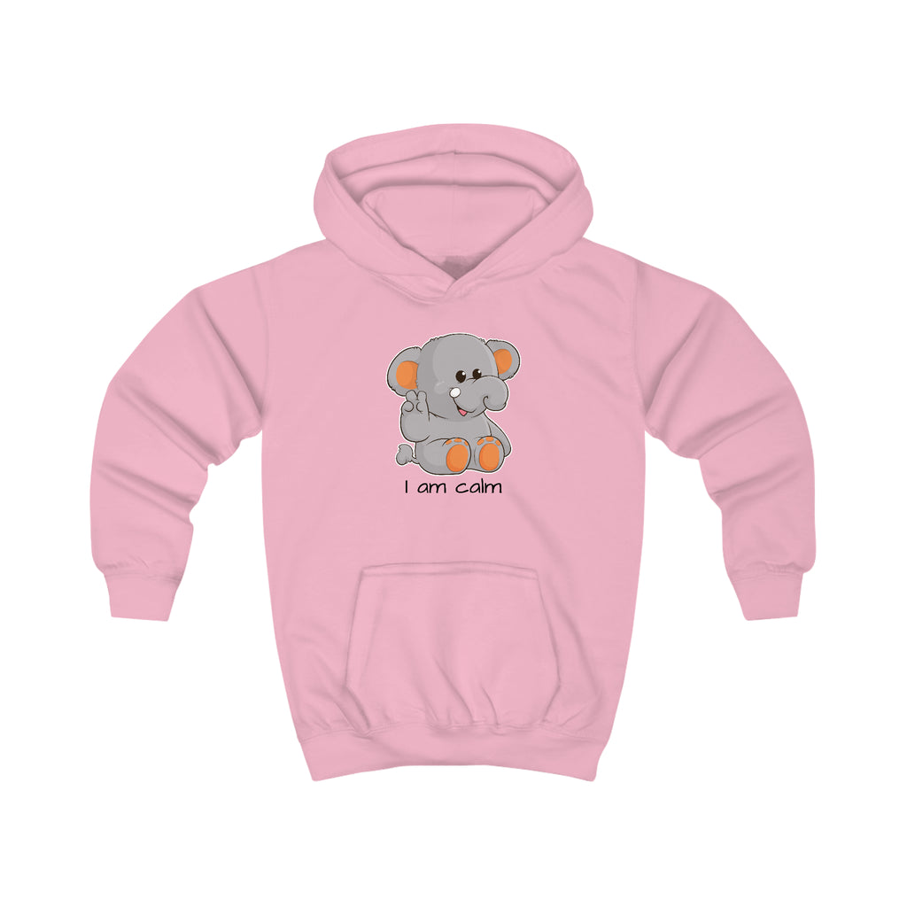 A light pink hoodie with a picture of an elephant that says I am calm.